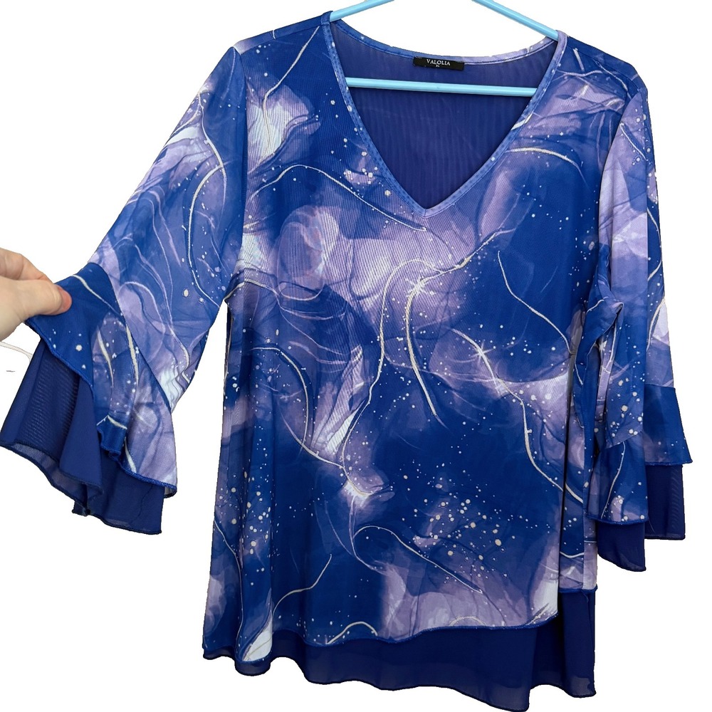Valolia Blue Celestial Mesh Tunic XL Layered Bell Slv Boho Romantic Whimsigoth